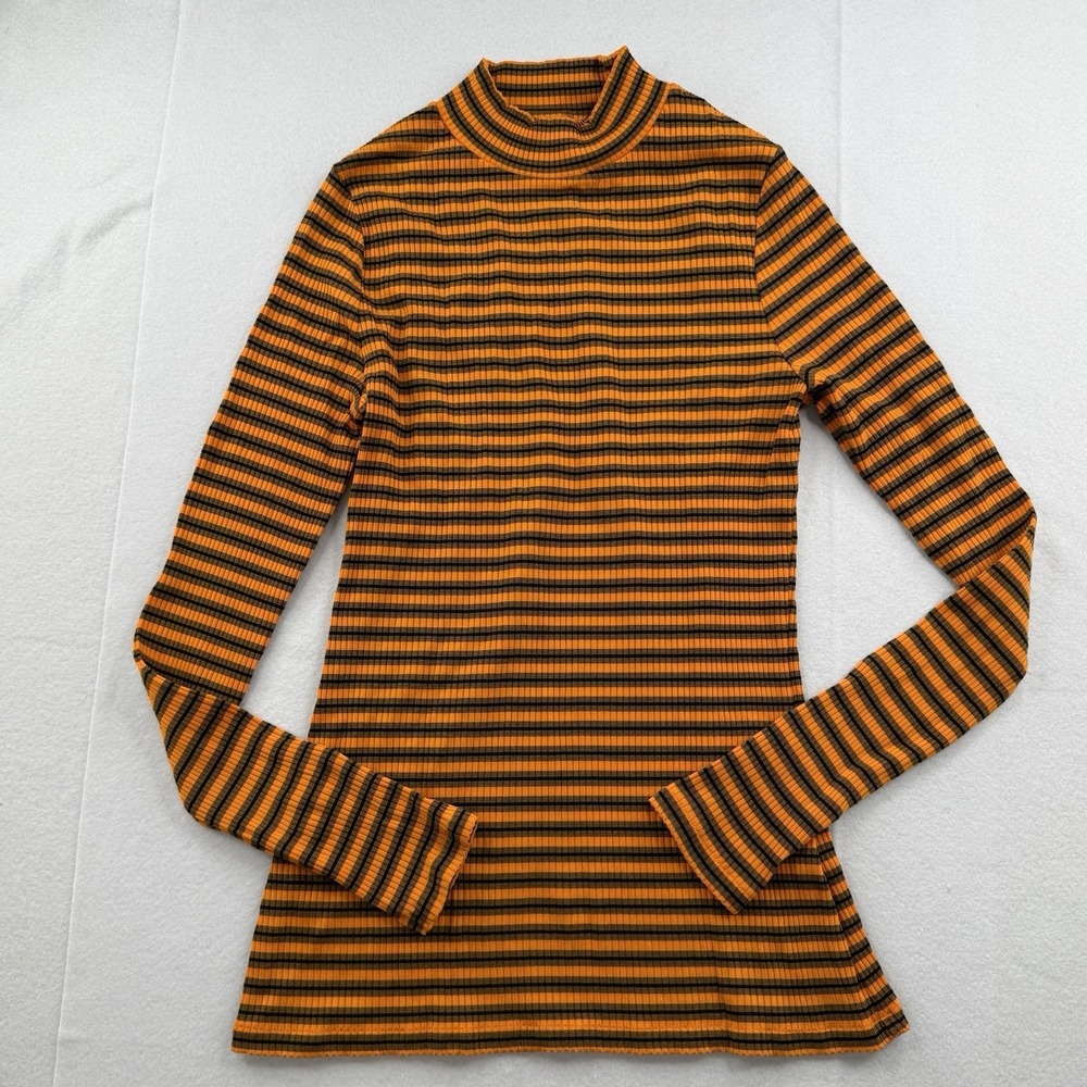 Karen Millen Ribbed Mock Neck Top Orange Stripe‎ Long Sleeve Size 10